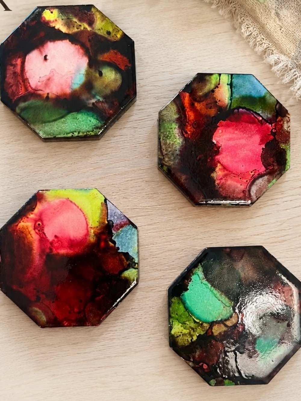 Handmade Octagon Alcohol Ink Magnets - Multicolor